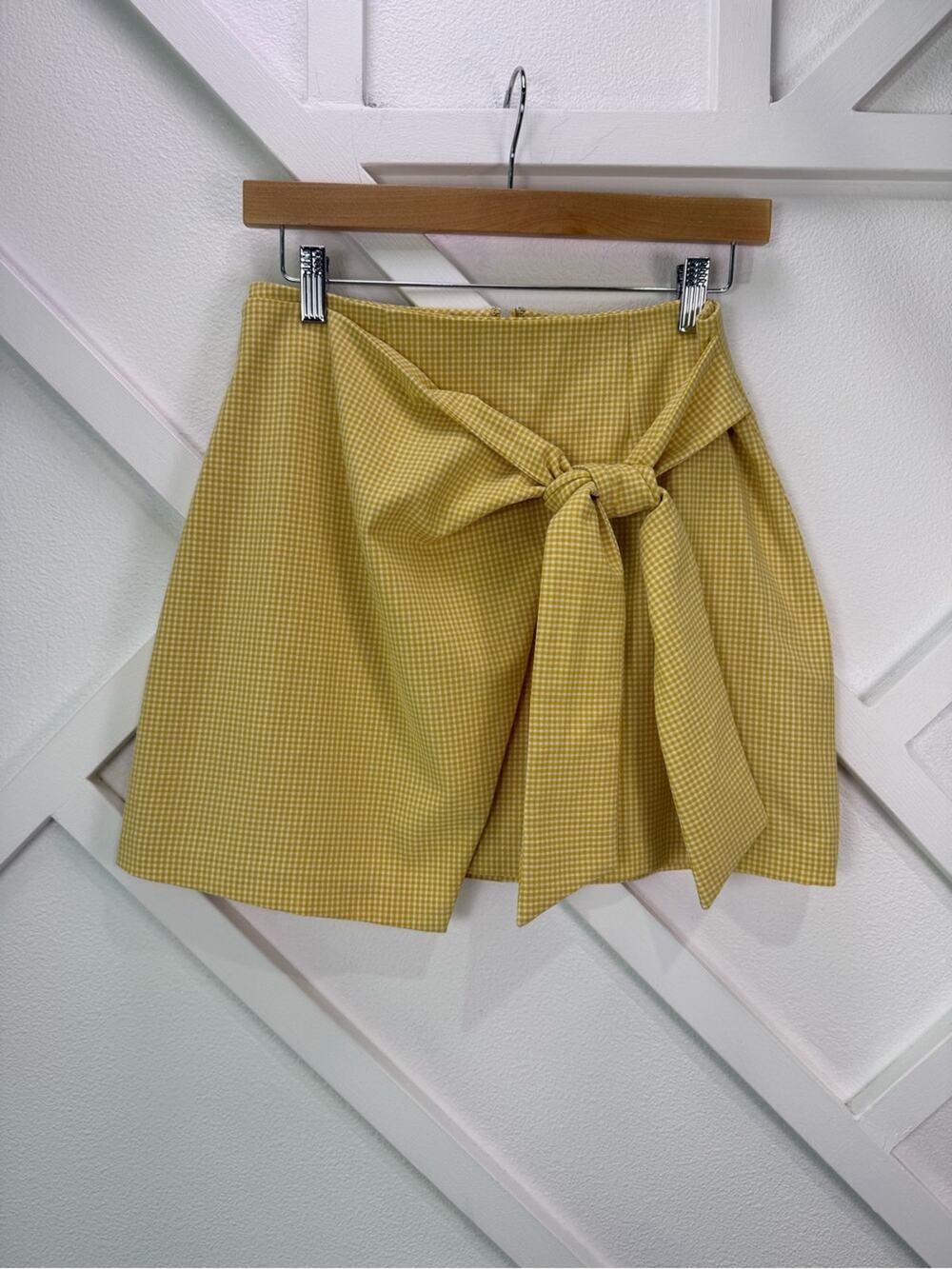 Wilfred Aritzia Dorine Faux Wrap Mini Skirt Yellow Gingham Tie Front Size 4